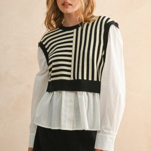 Top camisa blanca con chaleco rayas negro con blanco