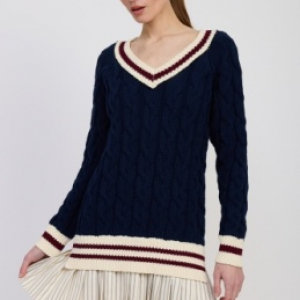 Mini dress con sweater azul cuello raya blanco