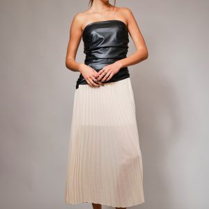 Vestido pligues crema con top vinipiel