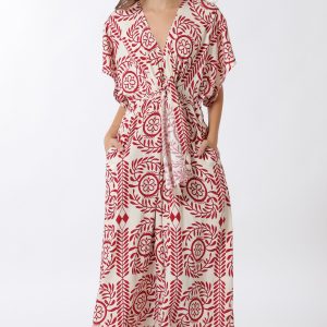 Maxi dress beige con estampado rojo