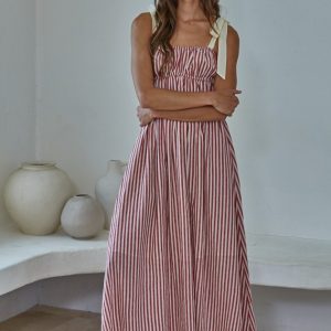 Maxi dress rayas rojas listones hombros