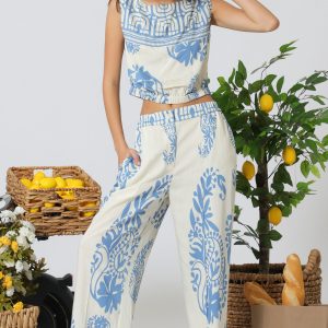 Set blanco con azul pantalon con top
