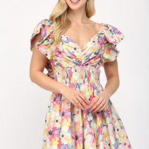 Mini dress pink multiflores amarillas con rosa