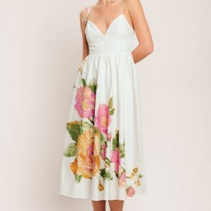 Maxi dress ivory con flores frente