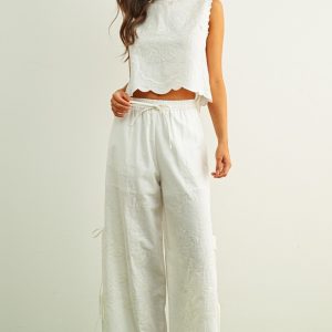 Set Top y pantalon off white lino algodón flores sobre estampadas