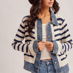 Sweater denim con rayas cafés