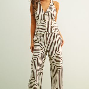 Set top y pantalon lineas cuadros cafe