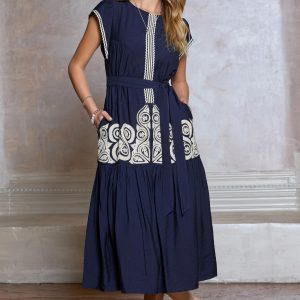Maxi dress bordado navy con crema