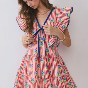 Mini dress rayas royas con flores cuello V