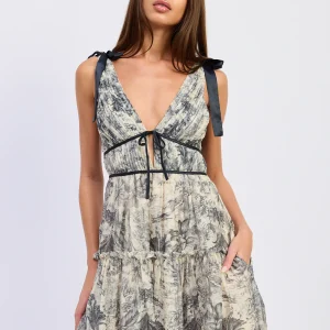 Midi dress Holly blanco y azul listones hombros