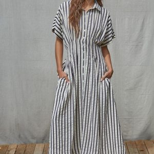 Maxi dress navy cream rayas