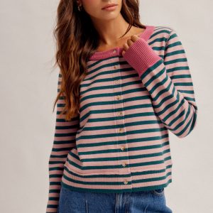 Sweater rayitas verde bosque con rosa