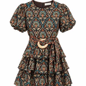 Mini dress café con flores naranja